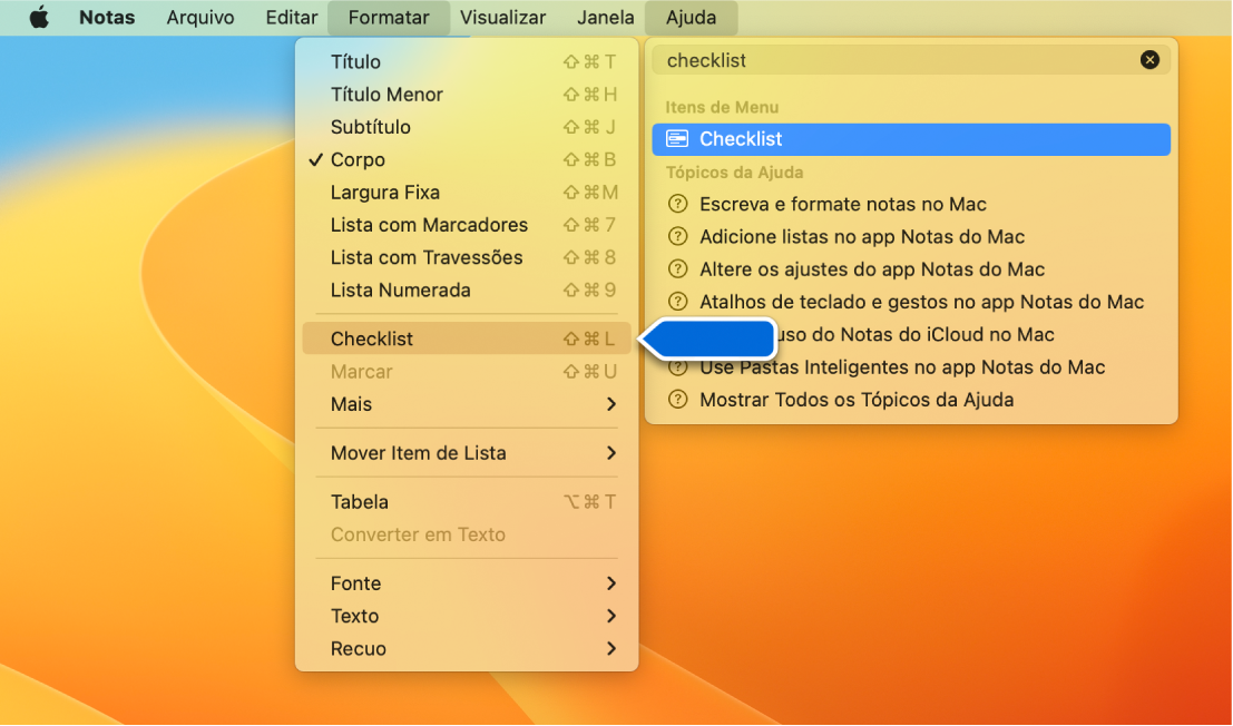 O menu Ajuda, mostrando uma busca por “lista” com o comando Lista com Marcadores em destaque na lista de resultados e no menu Formatar.