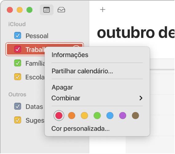 Menu de atalhos do Calendário com opções para personalizar a cor de um calendário.