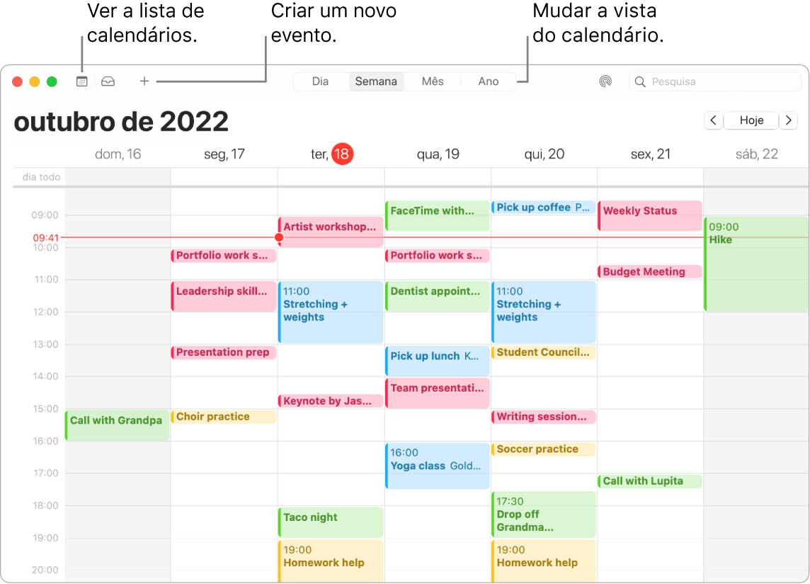 Uma janela do Calendário a mostrar a lista de calendários, como criar um evento e como escolher a vista diária, semanal, mensal ou anual.