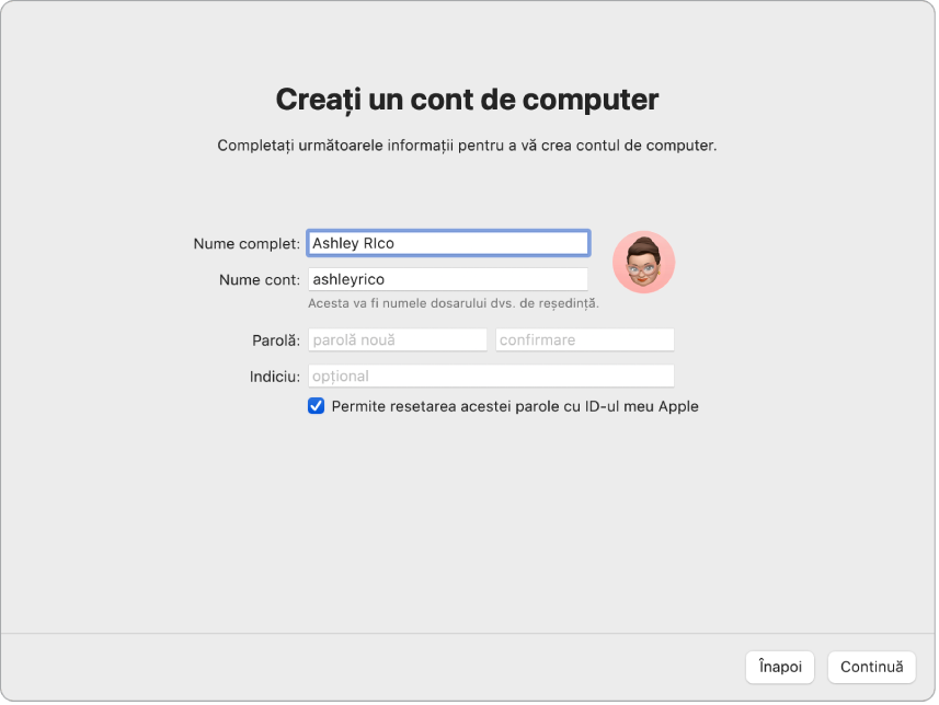 Un ecran din Asistent de configurare pe care scrie “Creați un cont de computer”.