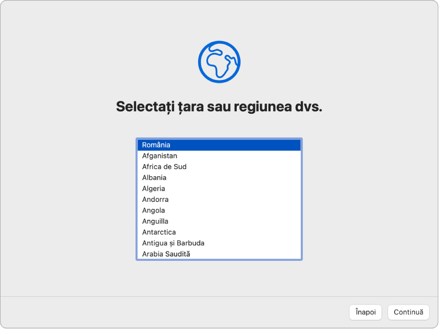 Un ecran în aplicația Asistent de configurare afișând opțiunile pentru selectarea țării sau regiunii unui utilizator.