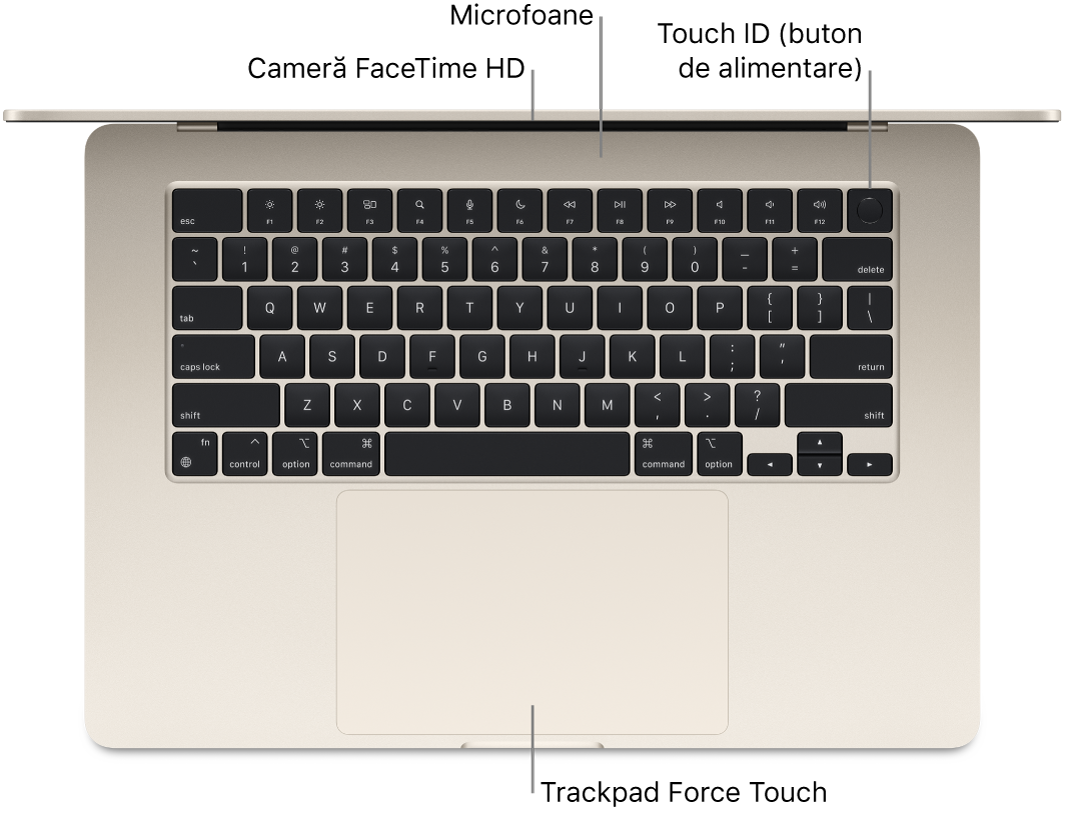 Un MacBook Air deschis, văzut din partea de sus, cu explicații pentru camera FaceTime HD, microfoane, Touch ID (butonul de alimentare) și trackpadul Force Touch.