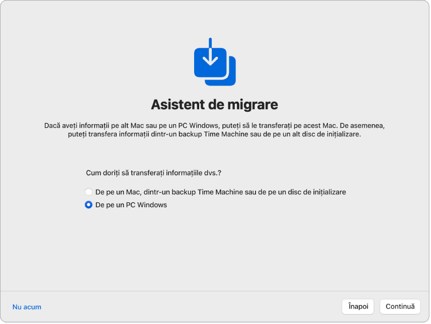Un ecran din Asistent de configurare pe care scrie “Asistent de migrare”. Este bifată o casetă de validare pentru a transfera informații de pe un PC Windows.