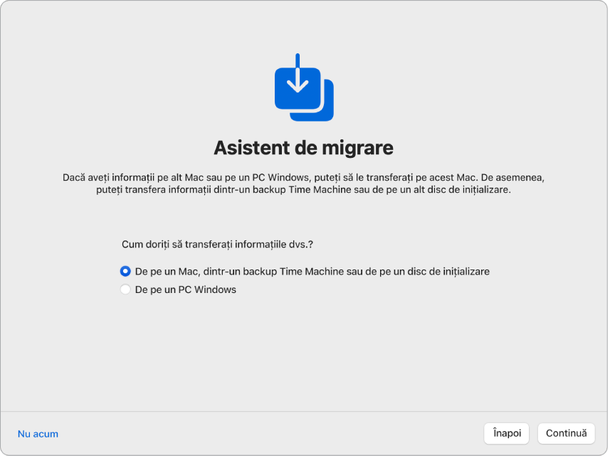 Un ecran din Asistent de configurare pe care scrie “Asistent de migrare”. Este bifată o casetă de validare pentru a transfera informații de pe un Mac.