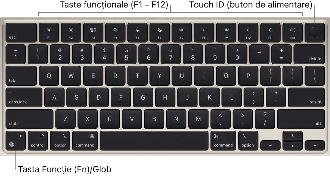 Tastatura MacBook Air afișând rândul de taste funcționale și Touch ID (butonul de alimentare) în partea de sus și tasta Funcție (Fn)/Glob în colțul din stânga jos.
