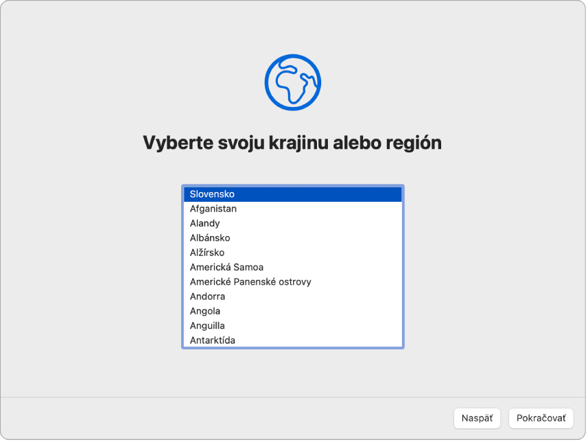 Obrazovka v Sprievodcovi nastavením zobrazujúca možnosti na výber krajiny alebo regiónu užívateľa.