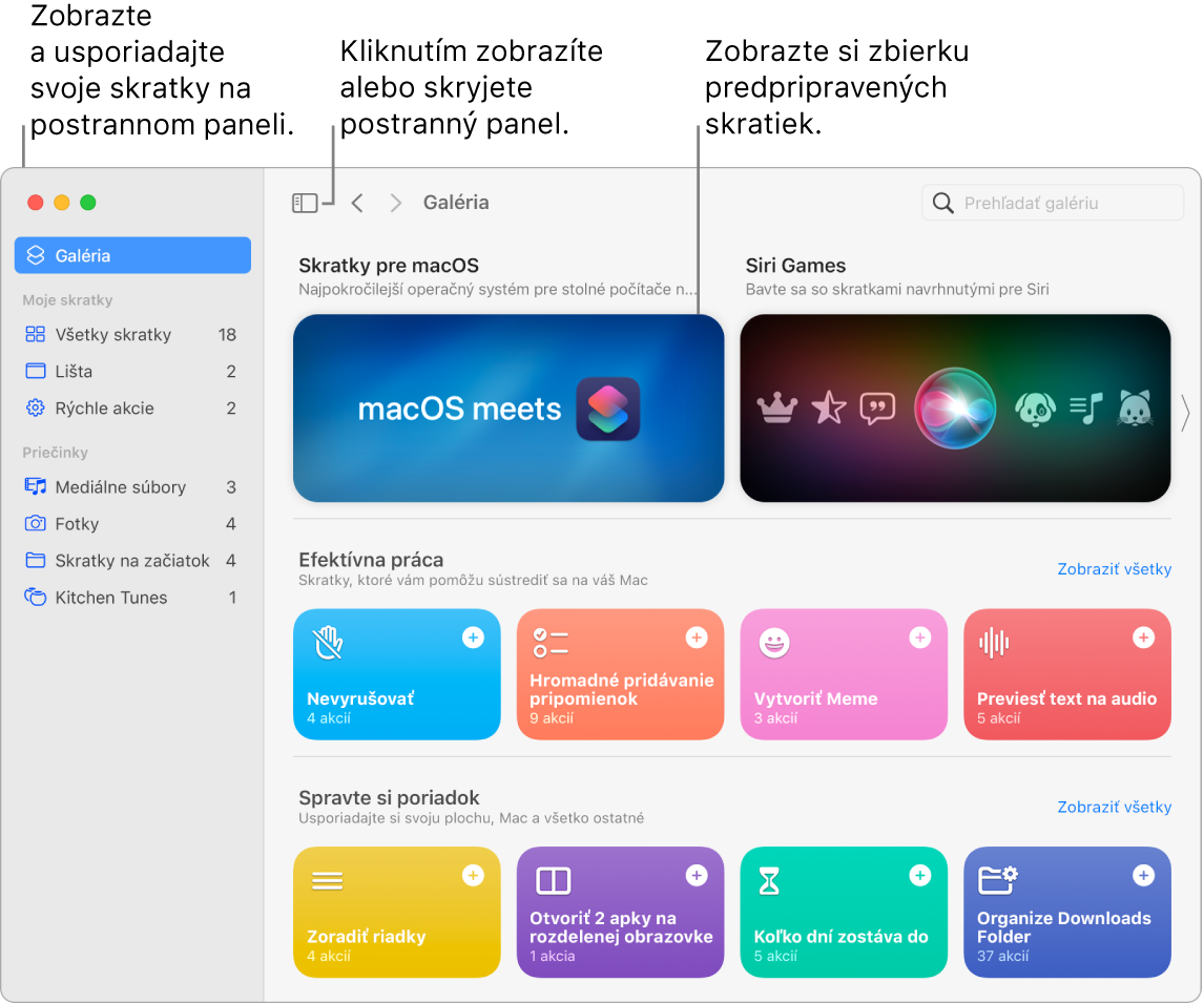 Okno apky Skratky s otvoreným postranným panelom naľavo a galériou napravo. Tlačidlo Postranný panel a šípky navigácie sa nachádzajú naľavo hore nad galériou a vyhľadávacie pole napravo hore.