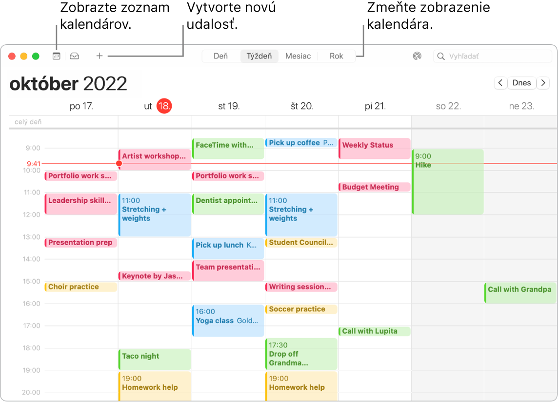 Okno aplikácie Kalendár zobrazujúce zoznam kalendára, ako vytvoriť udalosť a ako vybrať zobrazenie Deň, Týždeň, Mesiac a Rok.