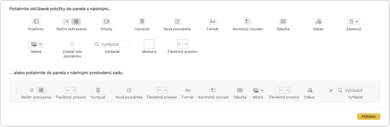 Okno apky Poznámky zobrazujúce, že sú dostupné možnosti prispôsobenia panela s nástrojmi.