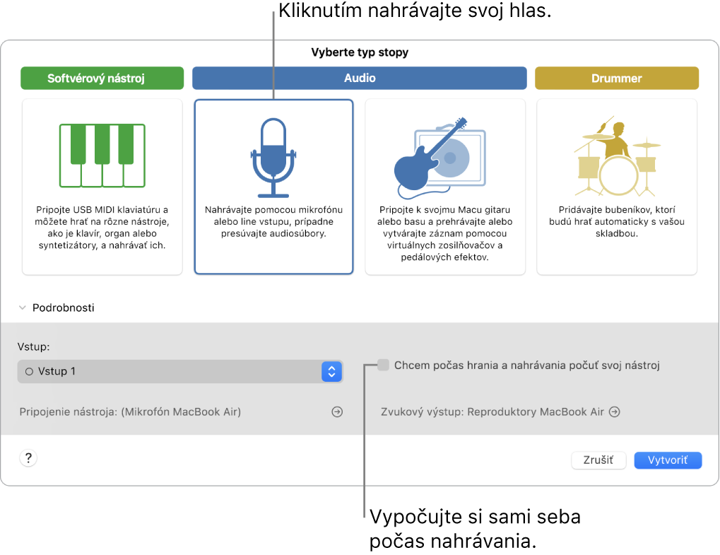 Panel s nástrojmi aplikácie GarageBand s položkou, na ktorú treba kliknúť, ak chcete nahrávať hlas, a so znázornením, ako si vypočujete, čo nahrávate.