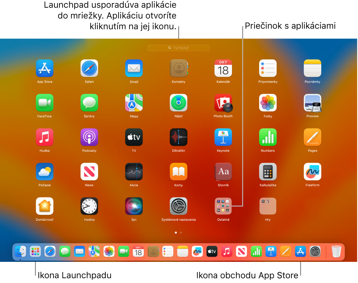 Obrazovka Macu s otvoreným Launchpadom, v ktorom je znázornený priečinok s aplikáciami v Launchpade, a ikony Launchpadu a App Storu v Docku.