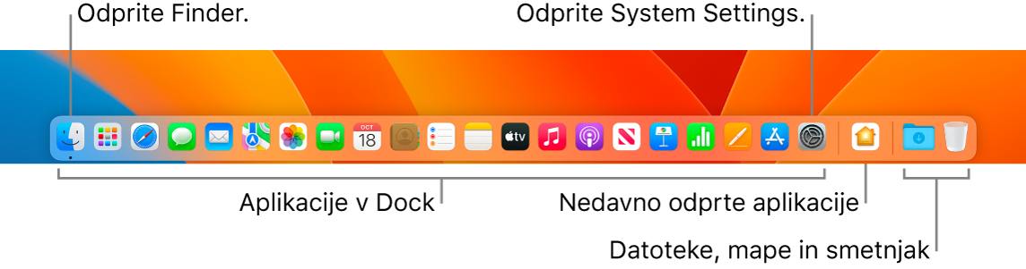 Vrstica Dock s prikazom aplikacije Finder, System Settings in razdelilnikom v vrstici Dock, ki ločuje aplikacije od datotek in map.