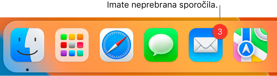 Del vrstice Dock s prikazano ikono aplikacije Mail in značko, ki označuje neprebrana sporočila.