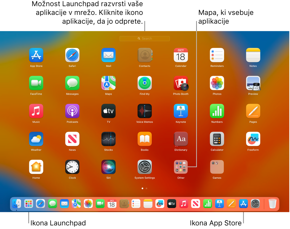 Zaslon Mac z odprtim zaganjalnikom aplikacij Launchpad, prikazano mapo aplikacij v zaganjalniku Launchpad ter ikonama Launchpad in App Store v vrstici Dock.
