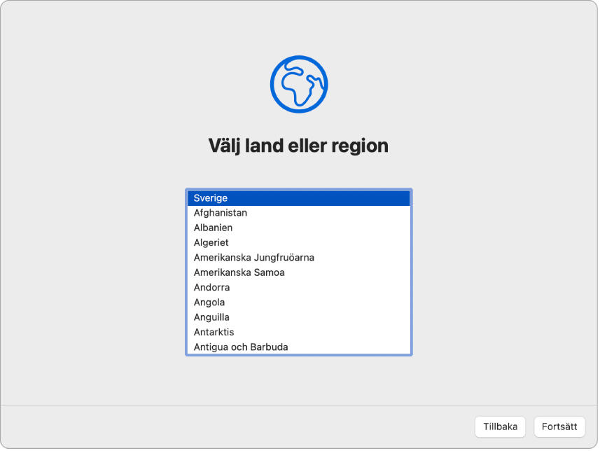 En skärm i inställningsassistenten visar alternativ för att välja en användares land eller region.