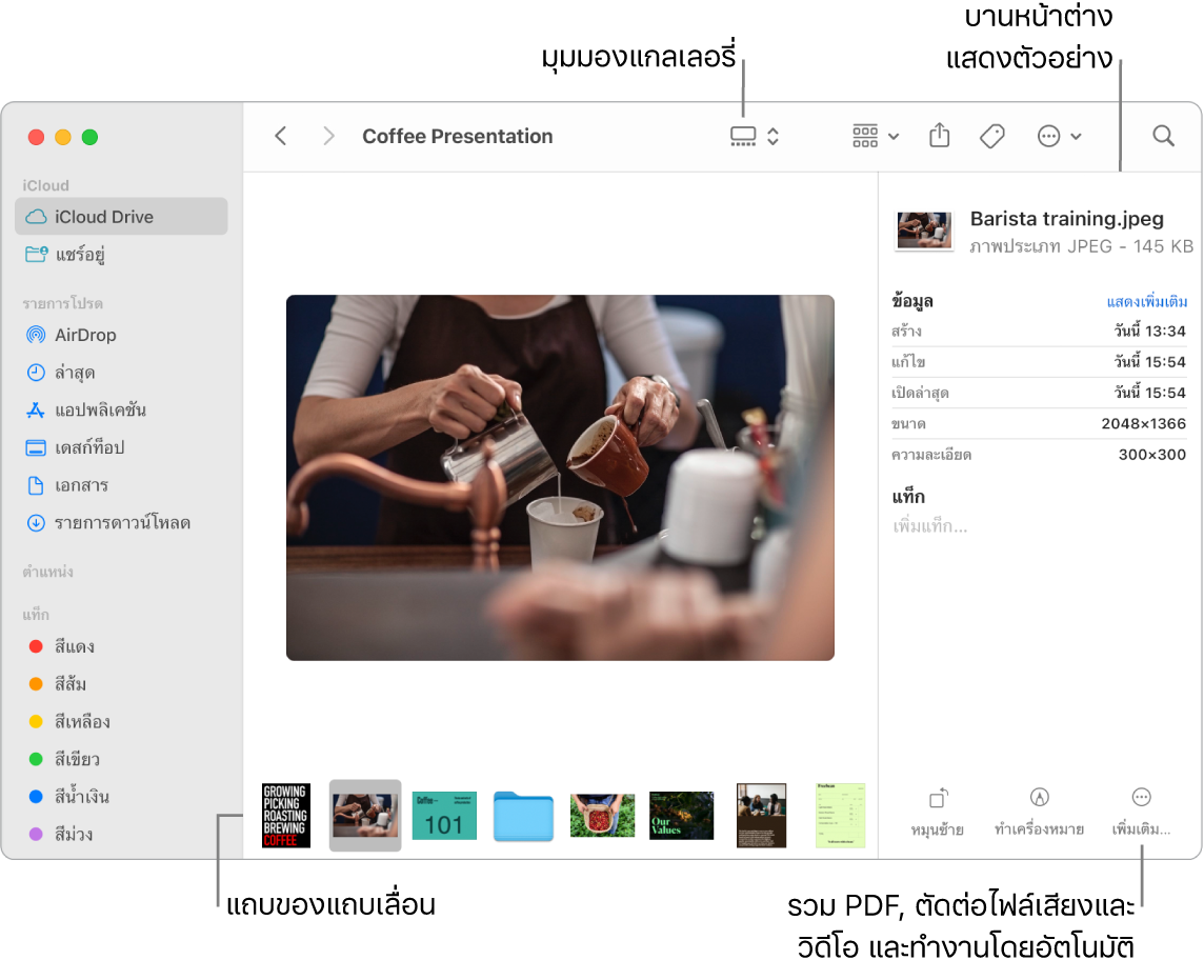 หน้าต่าง Finder ที่เปิดอยู่ในมุมมองแกลเลอรี่ ซึ่งแสดงรูปภาพขนาดใหญ่ที่มีแถวของรูปภาพขนาดเล็กกว่า เรียกว่าแถบของแถบเลื่อน ซึ่งอยู่ด้านใต้รูปภาพขนาดใหญ่ ตัวควบคุมสำหรับหมุน ทำเครื่องหมาย และอื่นๆ อยู่ทางด้านขวาของแถบของแถบเลื่อน