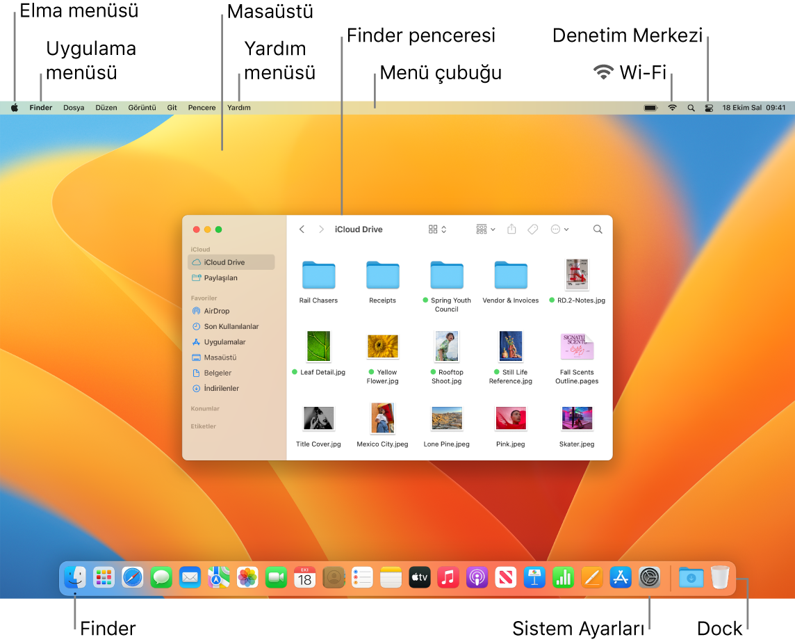 Elma menüsünü, uygulama menüsünü, masaüstünü, Yardım menüsünü, bir Finder penceresini, menü çubuğunu, Wi-Fi simgesini, Denetim Merkezi simgesini, Finder simgesini, Sistem Ayarları simgesini ve Dock’u gösteren bir Mac ekranı.
