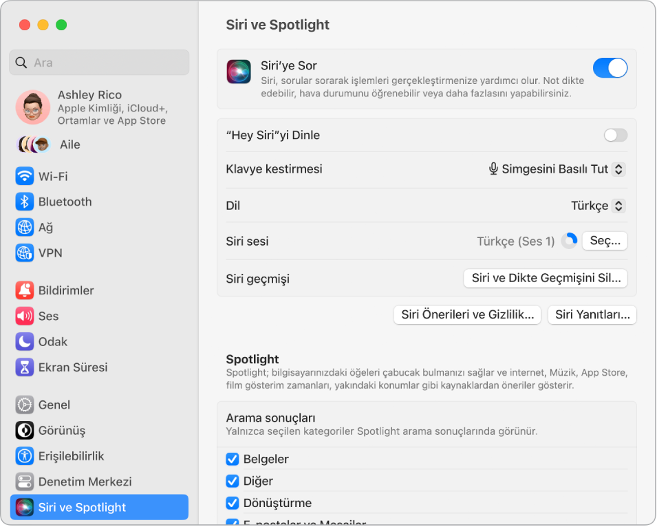 Siri’ye Sor seçili olan ve sağ tarafta çeşitli Siri’yi özelleştirme seçenekleri bulunan Siri ayarları penceresi