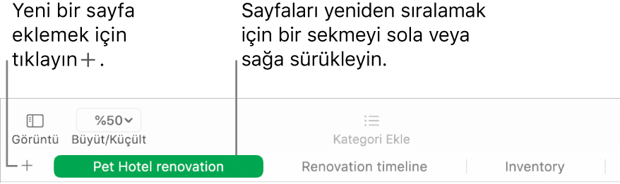 Nasıl yeni sayfa ekleyeceğinizi ve sayfaların sırasını değiştirebileceğinizi gösteren Numbers penceresi.