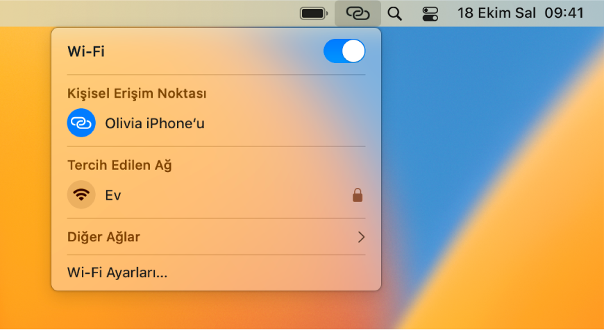 Bir iPhone’a bağlı Kişisel Erişim Noktası’nı gösteren Wi-Fi menüsünün bulunduğu Mac ekranı.