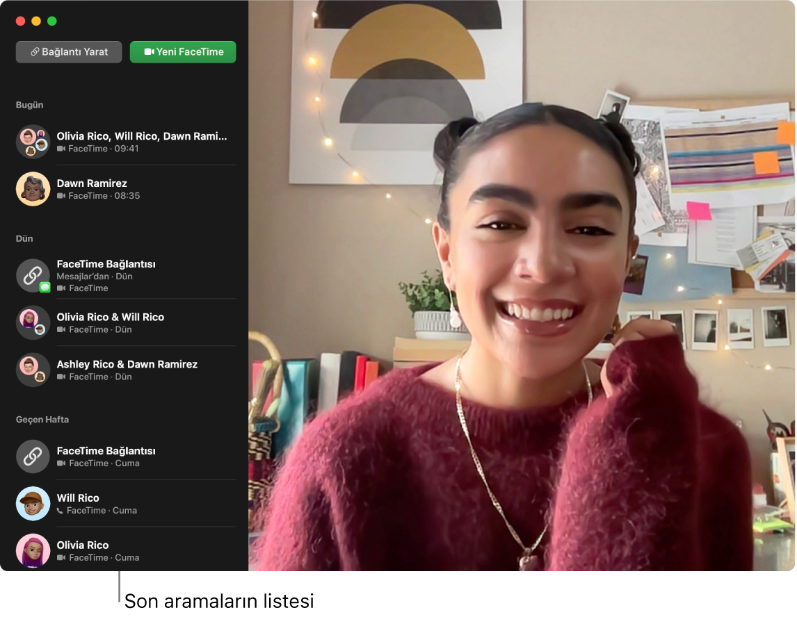 FaceTime penceresi, bir FaceTime aramasının bağlantısını yaratma ya da yeni bir FaceTime araması başlatma düğmelerini ve son aramaların listesini gösteriyor.