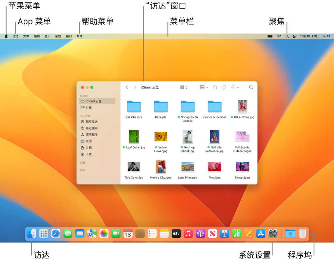 Mac 屏幕显示苹果菜单、App 菜单、“帮助”菜单、“访达”窗口、菜单栏、“聚焦”图标、“访达”图标、“系统设置”图标以及程序坞。