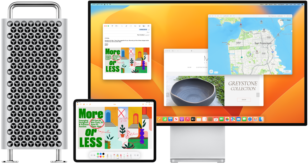 جهازا Mac Pro و iPad يظهران بجوار بعضهما. تعرض شاشة iPad نشرة إعلانية بها تعليقات توضيحية. تحتوي شاشة العرض التي يستخدمها Mac Pro على رسالة بريد تظهر بها النشرة الإعلانية ذات التعليقات التوضيحية واردة من iPad كمرفق.