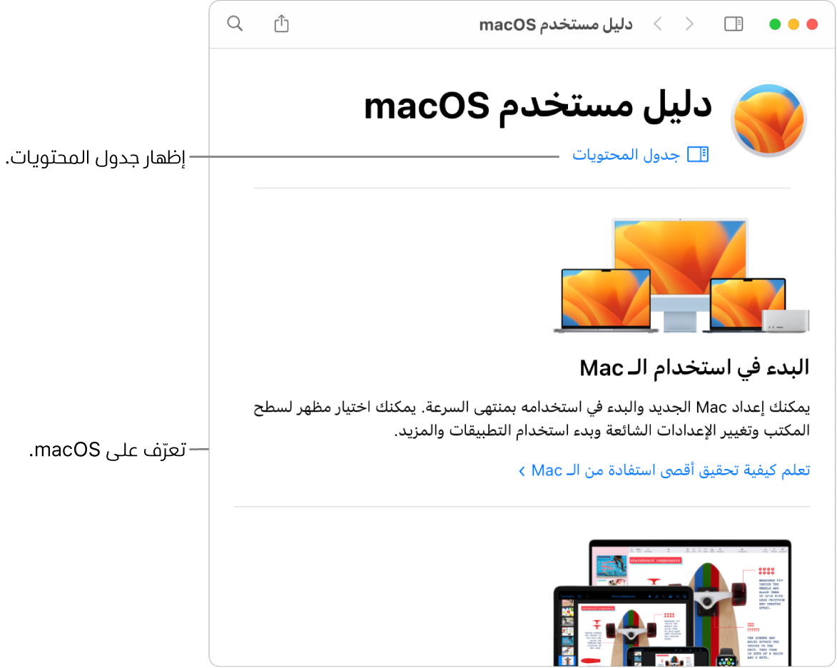 صفحة الترحيب في دليل مستخدم macOS ويظهر فيها رابط جدول المحتويات.