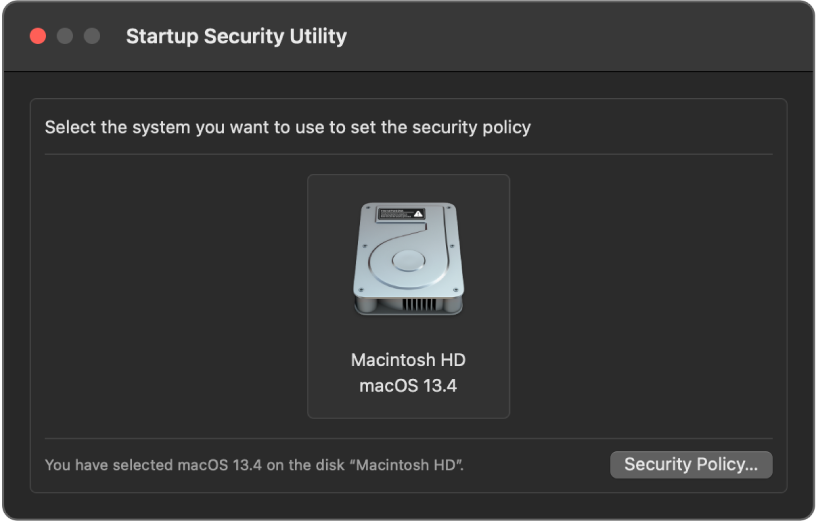 Прозорецът на Startup Security Utility (Помагало за сигурност при стартиране) е отворен и е избрано Macintosh HD с macOS 13.4.