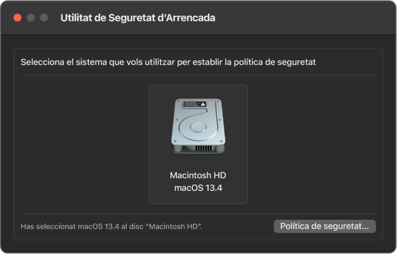 La finestra de la Utilitat de Seguretat d’Arrencada està oberta i el Macintosh HD amb el macOS 13.4 està seleccionat.