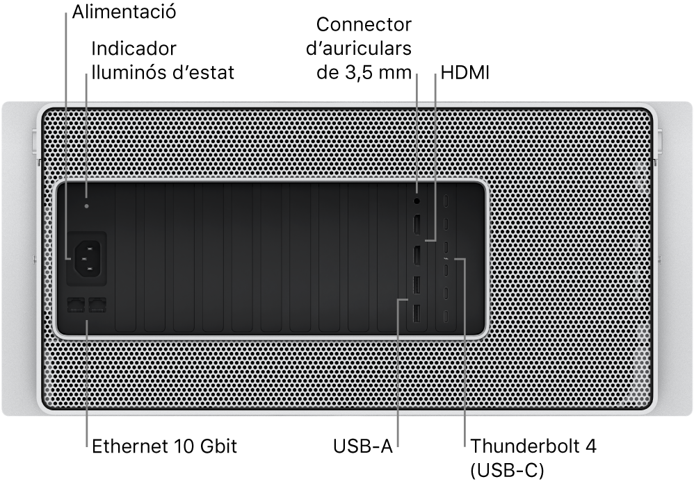 Vista posterior d’un Mac Pro en què es veuen el port d’alimentació, l’indicador lluminós d’estat, un connector d’auriculars de 3,5 mm, dos ports HDMI, sis ports Thunderbolt 4 (USB-C), dos ports USB‑A i dos ports 10 Gigabit Ethernet.