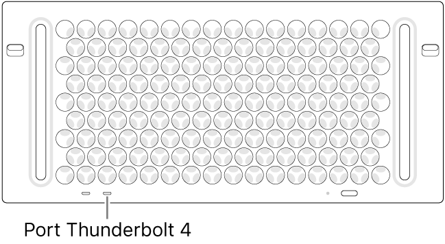 Vista zenital del Mac Pro, en què s’assenyala quin és el port Thunderbolt 4 que s’ha d’utilitzar.