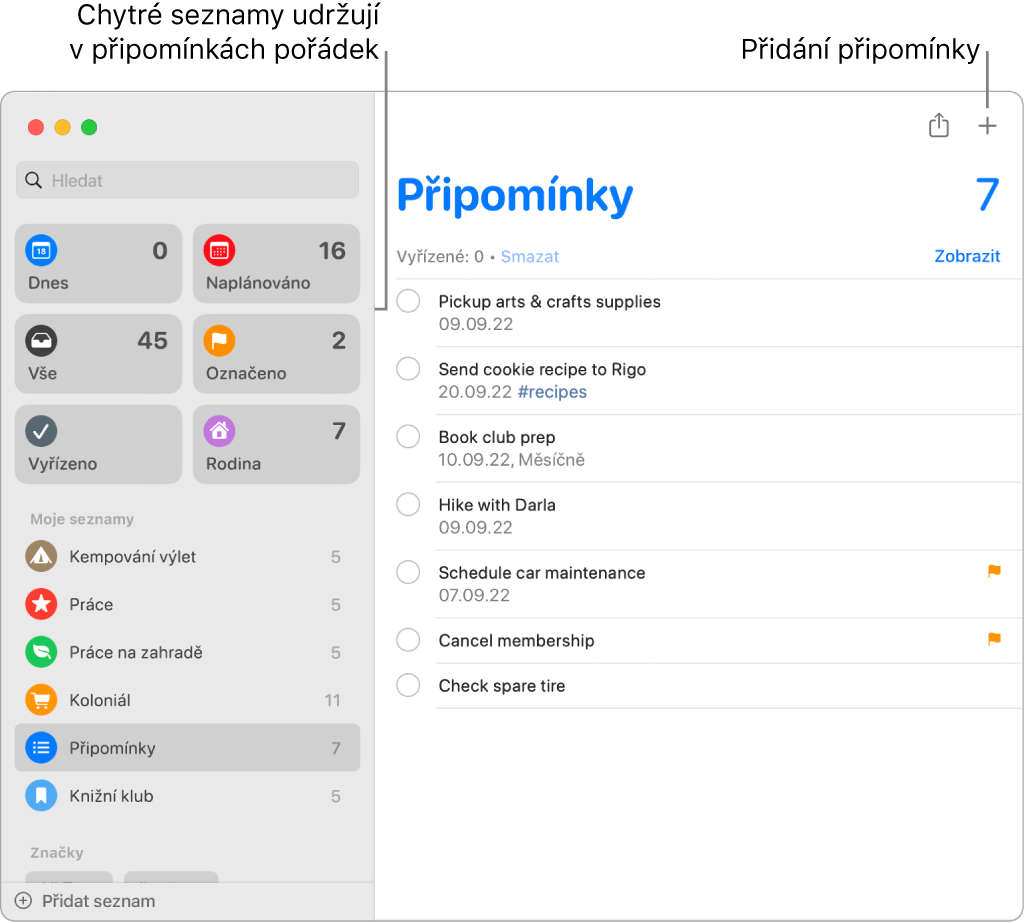 Okno Připomínky s dynamickými seznamy na levé straně a dalšími připomínkami a seznamy pod nimi. Ukazatel se nachází na připomínce. K chytrým seznamům a k tlačítku „Přidat novou připomínku“ jsou připojené popisky.