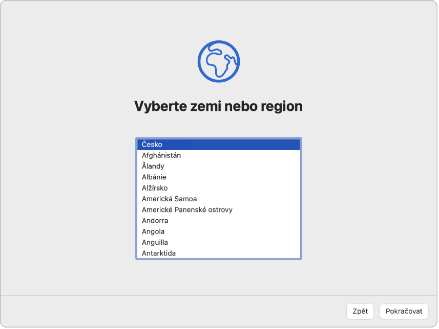 Obrazovka Průvodce nastavením s volbami pro výběr země nebo oblasti, kde se uživatel nachází