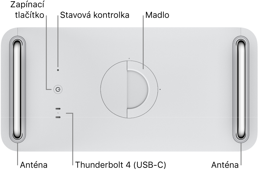 Pohled shora na Mac Pro se zapínacím tlačítkem, stavovou kontrolkou, madlem, dvěma porty Thunderbolt 4 (USB‑C) a dvojicí antén, jednou nalevo a druhou napravo