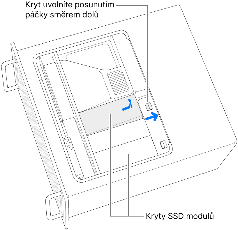 Odjištění krytu SSD modulu přesunutím západky doprava