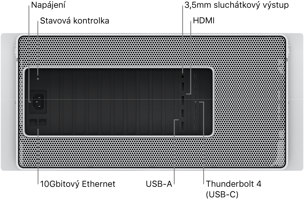 Pohled zezadu na Mac Pro s napájecím konektorem, stavovou kontrolkou, 3,5mm sluchátkovou zdířkou, dvěma HDMI porty, šesti porty Thunderbolt 4 (USB‑C), dvěma USB‑A porty a dvěma porty 10gigabitového Ethernetu