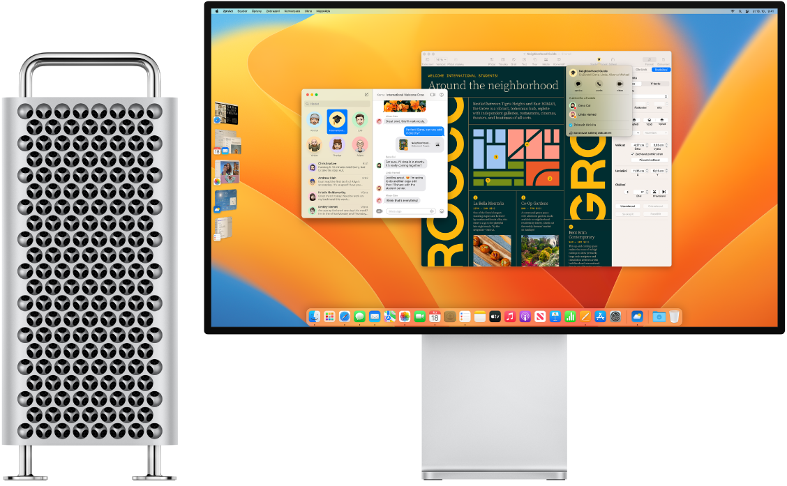 Mac Pro s připojeným monitorem Pro Display XDR, na kterém se zobrazuje plocha s Ovládacím centrem a několika otevřenými aplikacemi