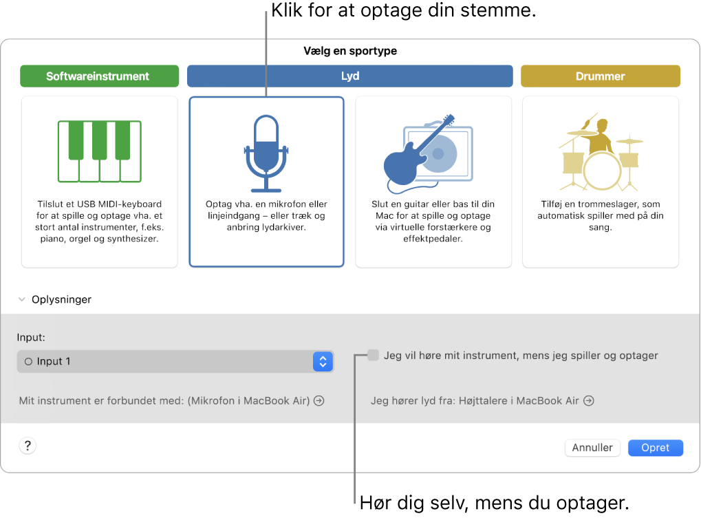 Instrumentvinduet i GarageBand viser, hvor du skal klikke for at optage din stemme og for at høre dig selv, når du optager.