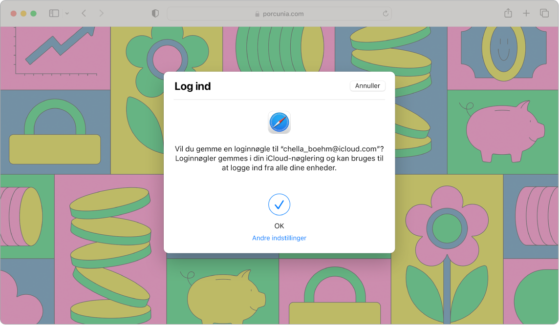 Et Safari-vindue med en Log ind-dialog, der spørger, om brugeren ønsker at gemme en loginnøgle. Dialogen fortæller, at loginnøgler gemmes i din iCloud-nøglering og kan bruges til login på alle dine enheder. Et blåt hak viser, at loginnøglen er blevet oprettet, og der er et link til andre metoder til at oprette en loginnøgle.