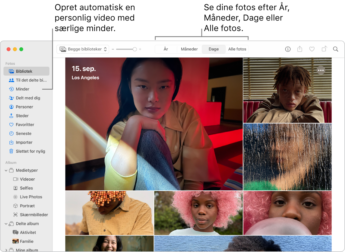 Vinduet Fotos, der viser funktionen Minder i indholdsoversigten til venstre og lokalmenuen øverst i Fotos-vinduet, hvor du kan se fotoene i dit album efter dag, måned og år.