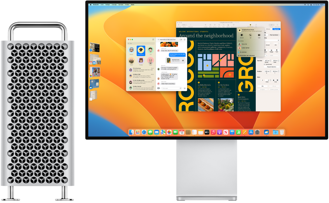 En Mac Pro med en tilsluttet Pro Display XDR, hvor skrivebordet viser Kontrolcenter og flere åbne apps.