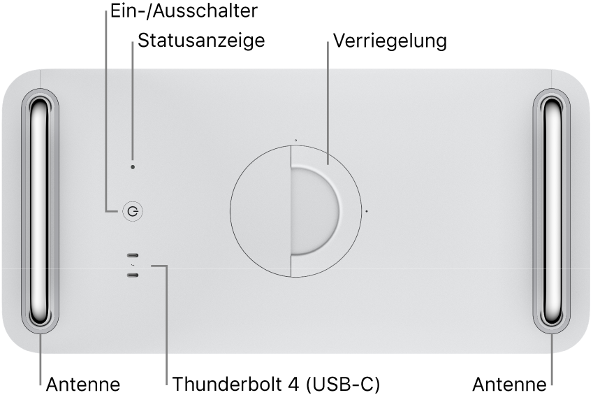 Oben auf dem Mac Pro befinden sich Ein-/Ausschalter, Betriebsanzeige, Verriegelung, zwei Thunderbolt 4-Anschlüsse (USB-C)  und zwei Antenne, eine links und eine rechts.