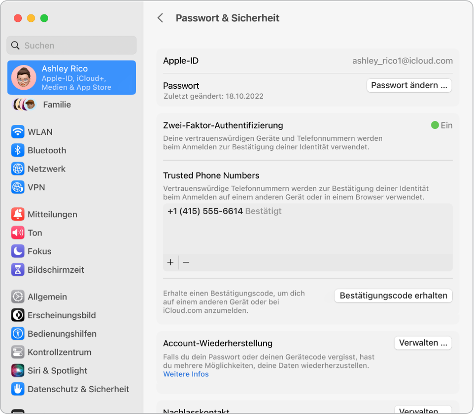 Der Apple-ID-Bereich „Passwort & Datenschutz“ in den Systemeinstellungen. Hier kann die Accountwiederherstellung oder ein Nachlasskontakt konfiguriert werden.