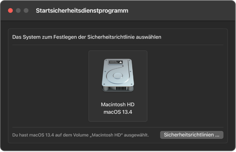 Geöffnetes Fenster des Startsicherheitsdienstprogramms mit ausgewähltem Macintosh HD mit macOS 13.4.