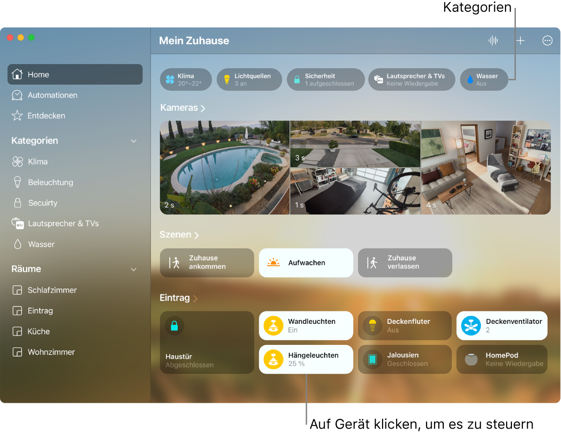 Die App „Home“ mit Kategorien, bevorzugten Szenen und bevorzugten Geräten.