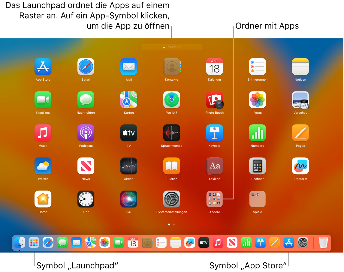 Ein Mac-Bildschirm mit geöffnetem Launchpad, mit einem Ordner mit Apps im Launchpad und dem Launchpad-Symbol und App Store-Symbol im Dock