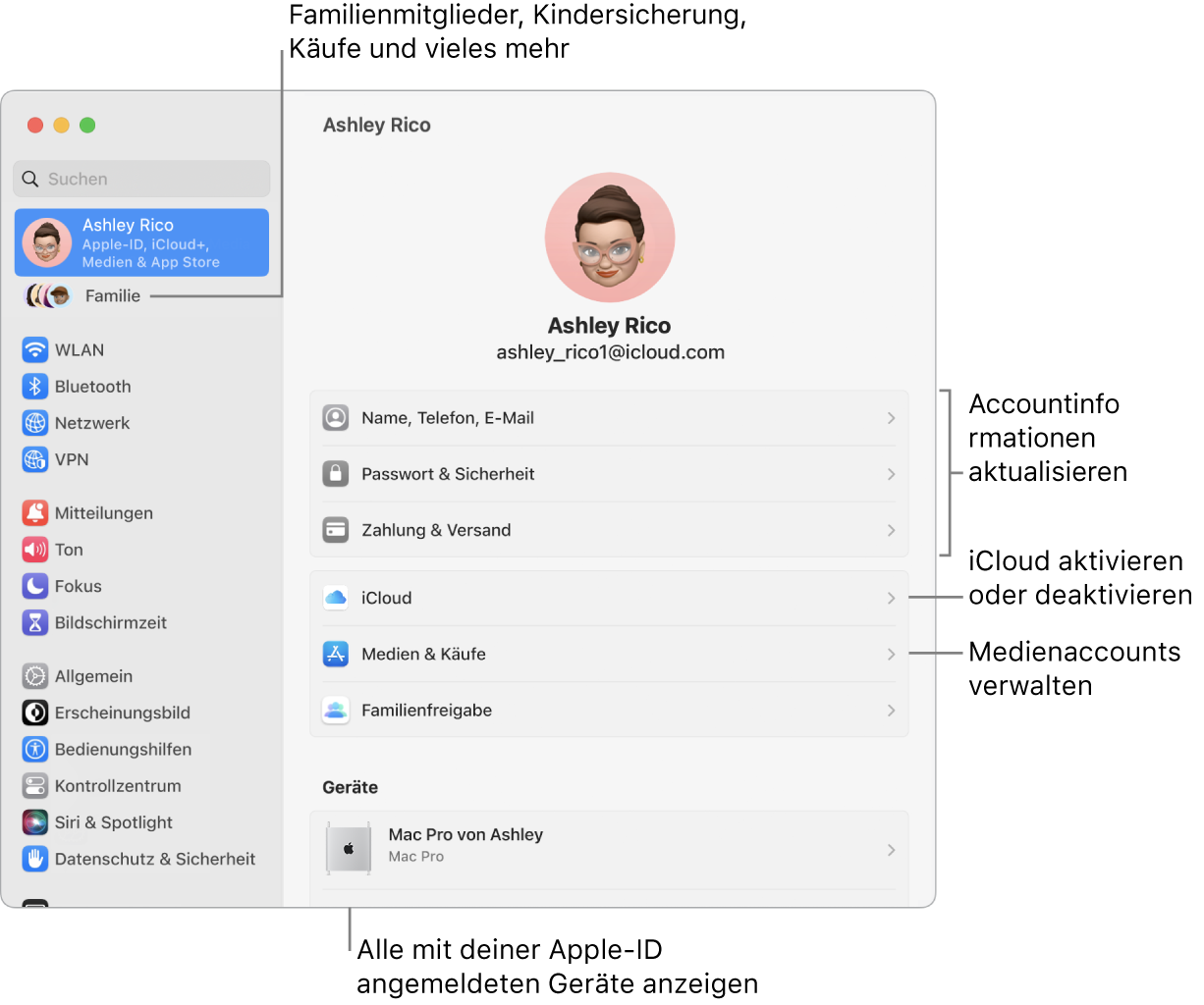 Die Einstellungen „Apple-ID“ in den Systemeinstellungen mit Beschriftungen zum Aktualisieren der Accountinformationen, Ein- bzw. Ausschalten von iCloud-Funktionen, Verwalten von Medienaccounts und für die Funktion „Familie“, um Familienmitglieder, Kindersicherung, Käufe und mehr zu verwalten.