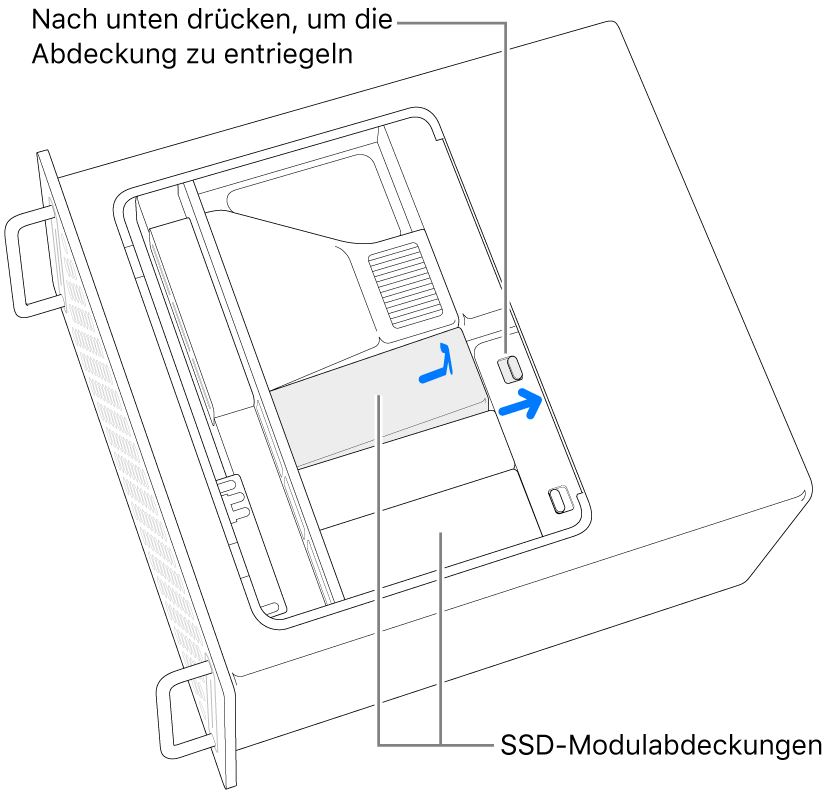 Der Schalter wird nach rechts bewegt, um die SSD-Abdeckung zu entsperren.