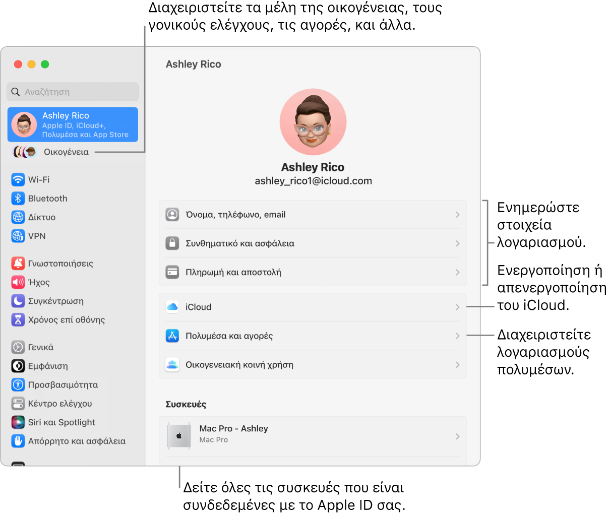 Το τμήμα Apple ID στις Ρυθμίσεις συστήματος με επεξηγήσεις για ενημέρωση των στοιχείων λογαριασμού, ενεργοποίηση ή απενεργοποίηση δυνατοτήτων iCloud, διαχείριση λογαριασμών πολυμέσων, και η Οικογένεια όπου μπορείτε να διαχειριστείτε τα μέλη οικογένειας, τον γονικό έλεγχο, τις αγορές και πολλά άλλα.